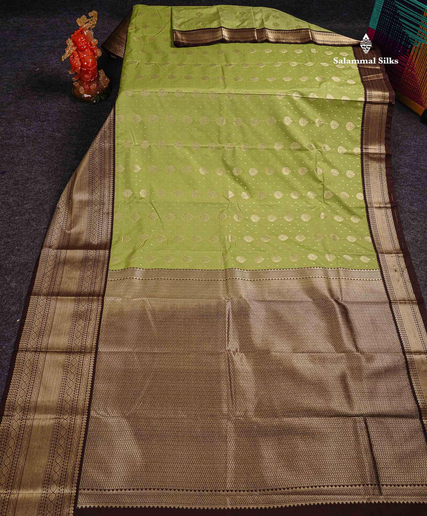 Semi Silk Saree - Peach Zari Butta Along With Contrast Dark Brown Traditional Evening Morning Border
