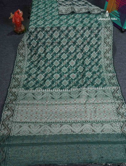 Kota Cotton Saree - Bottle Green Colour Body With Thread Work & Fancy Border