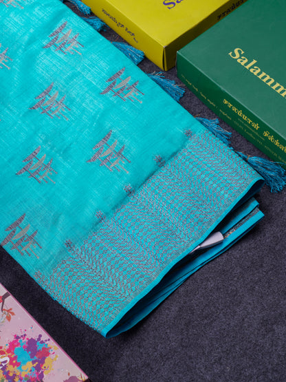 Beautiful Sky Blue Semi Raw Silk Saree With Fancy Border