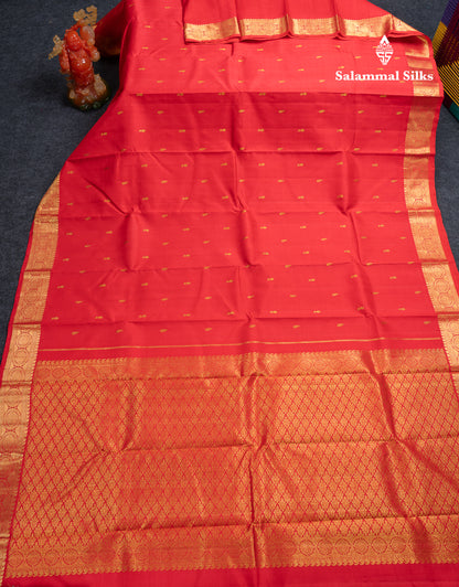 Beautiful Redish Peach Pure Kanjivaram Silk Saree With Traditional Medium Border