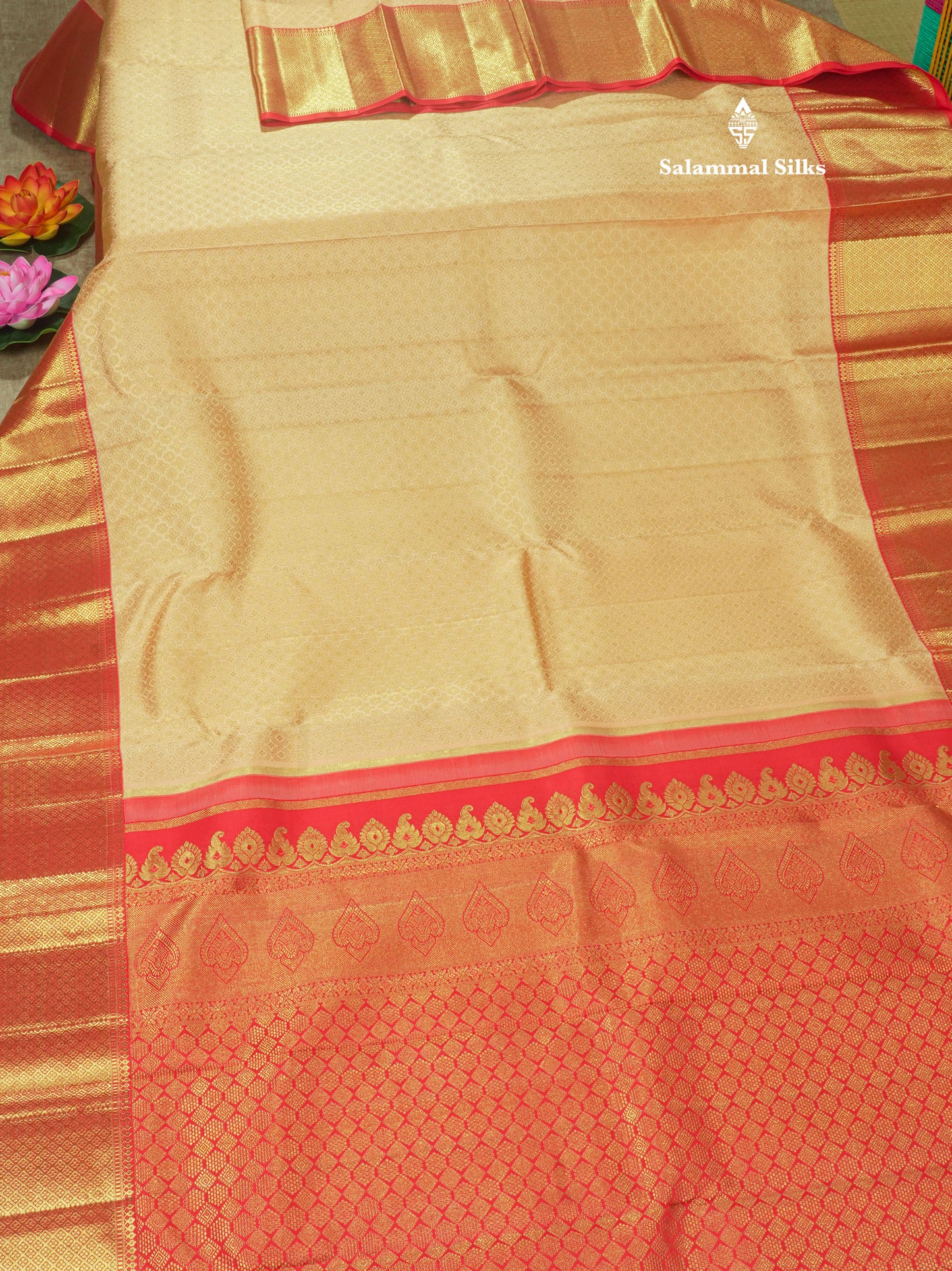 Beige Pure Kanjivaram Silk Saree Pure Zari(3G) with Contrast Chilly Red Border