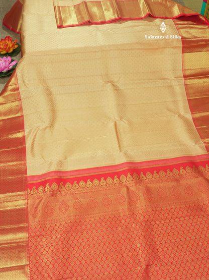 Beige Pure Kanjivaram Silk Saree Pure Zari(3G) with Contrast Chilly Red Border