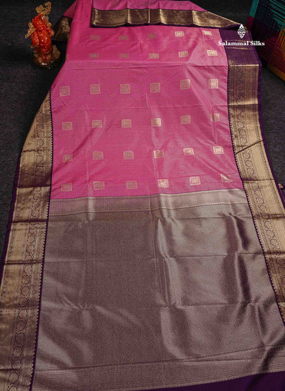 Semi Silk Saree - Light Pink Butta With Lines Along With Contrast Dark Purple Border