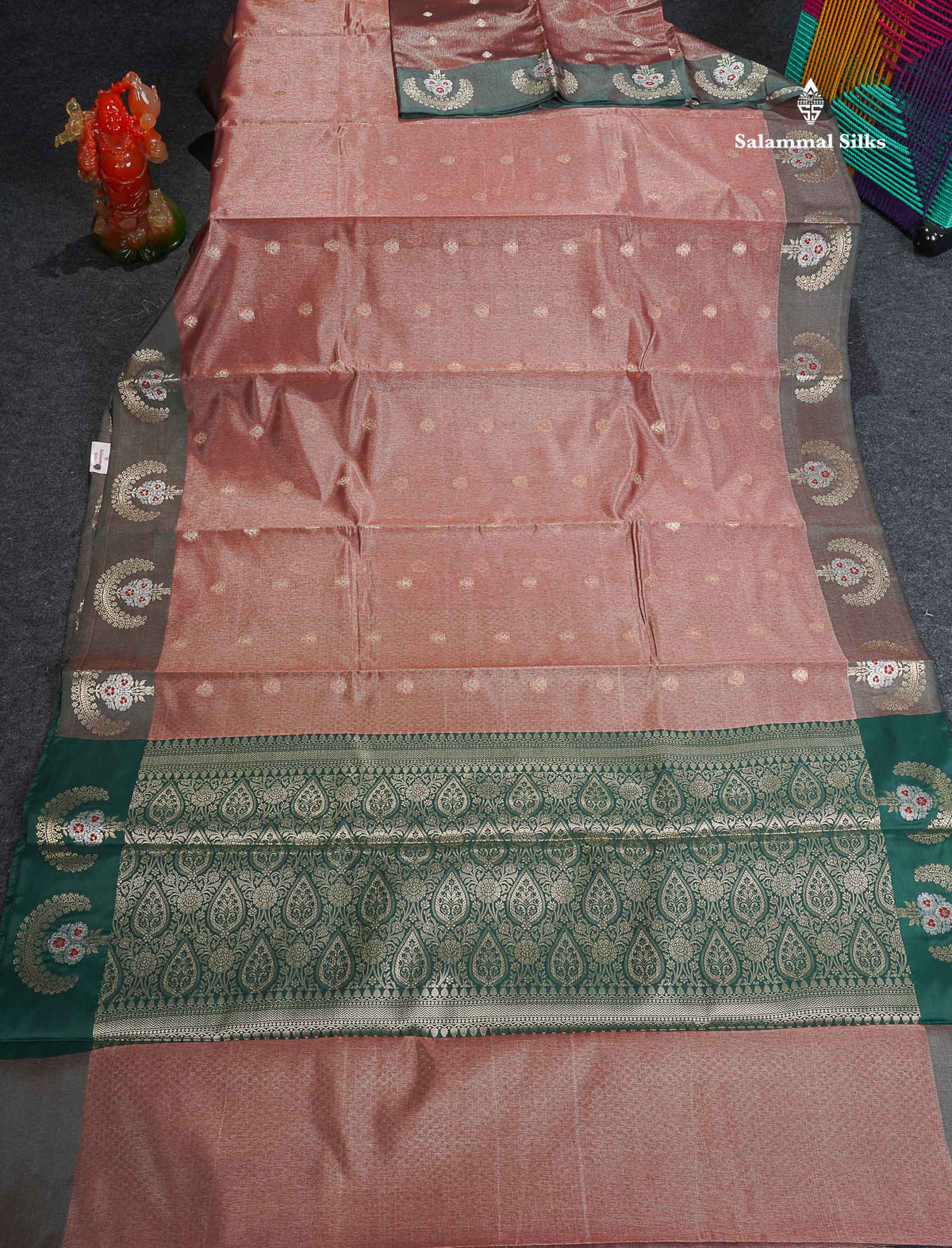 Tissue Saree - Light Chocolate Colour Body With Contrast Bottle Green Fancy Border