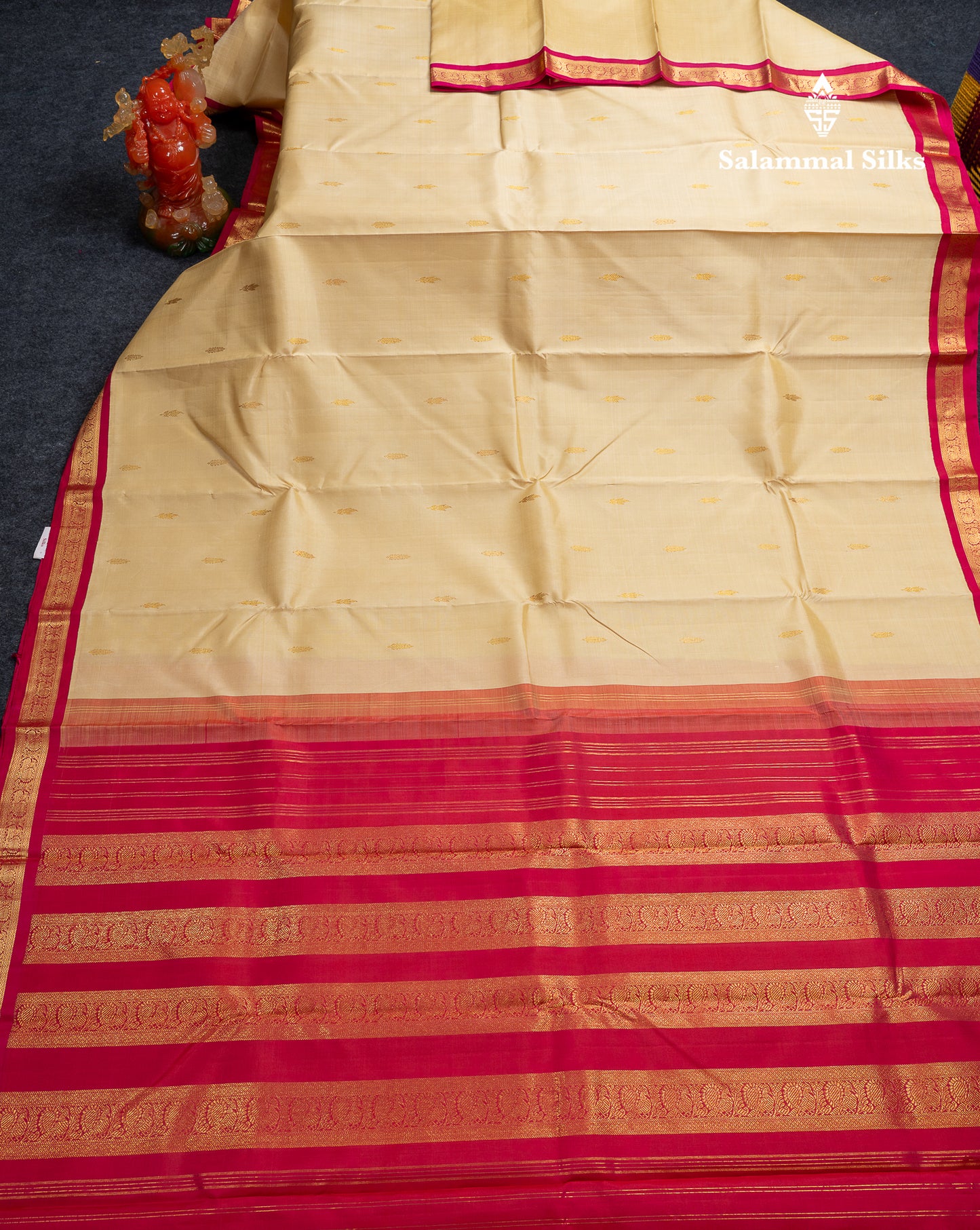 Beautiful Cream Sandal Pure Kanjivaram Silk Saree With Contrast Pink Traditional Small Border