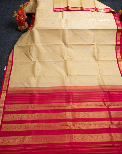 Beautiful Cream Sandal Pure Kanjivaram Silk Saree With Contrast Pink Traditional Small Border