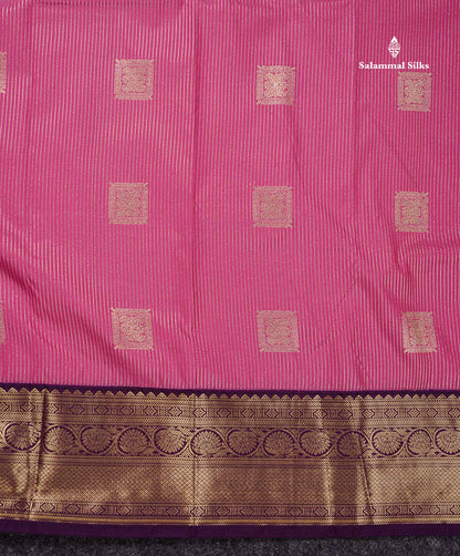 Semi Silk Saree - Light Pink Butta With Lines Along With Contrast Dark Purple Border