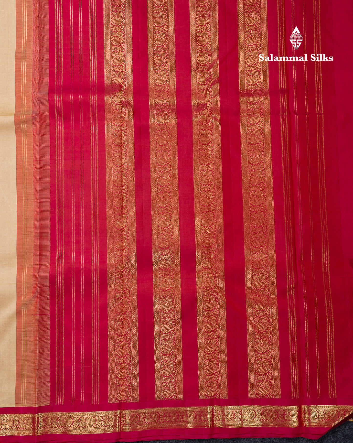 Beautiful Cream Sandal Pure Kanjivaram Silk Saree With Contrast Pink Traditional Small Border