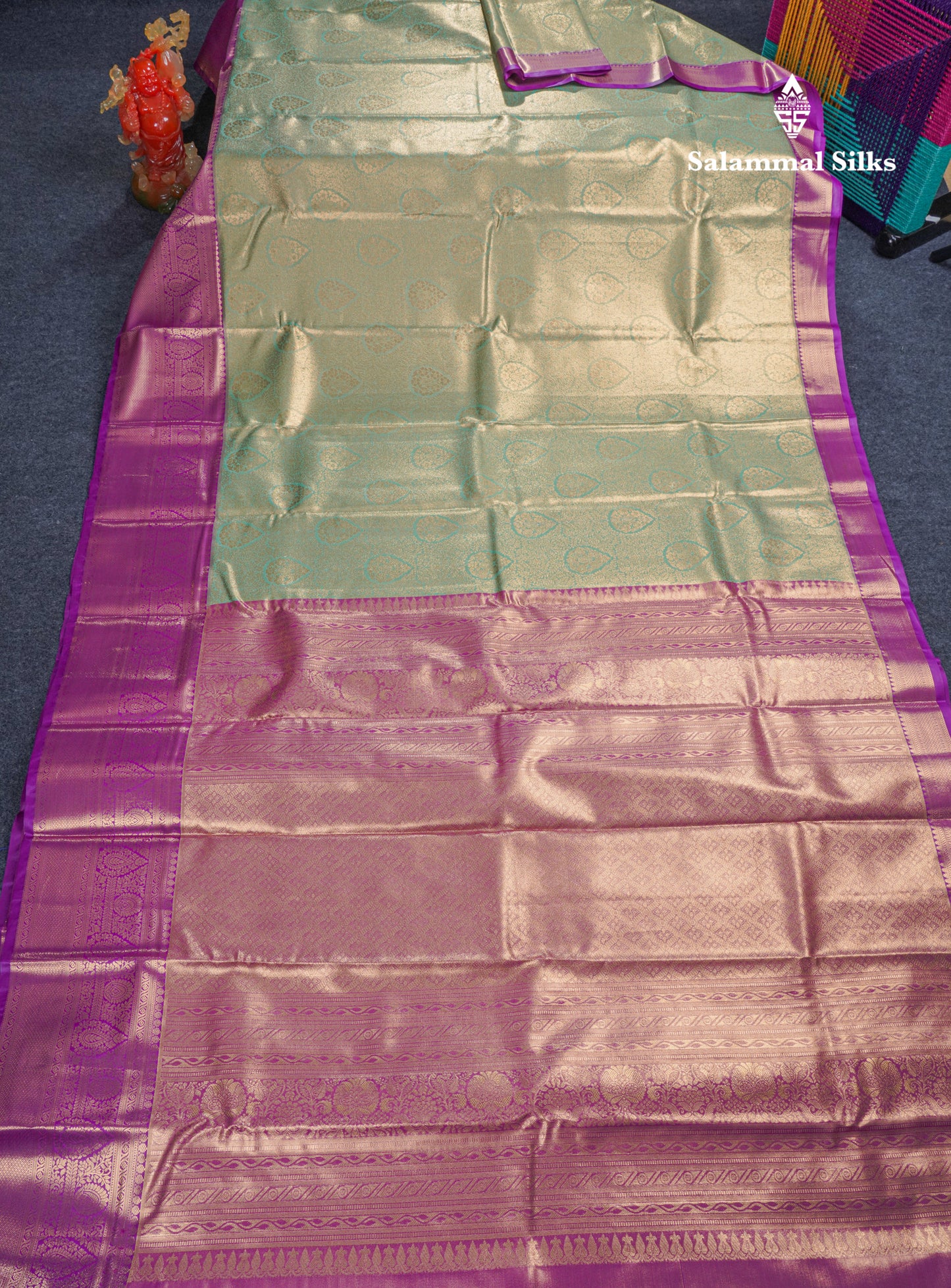 Beautiful Light Parrot Green Tissue Bridal Semi Silk Saree With Contrast Dark Purple Traditional Evening Morning Border
