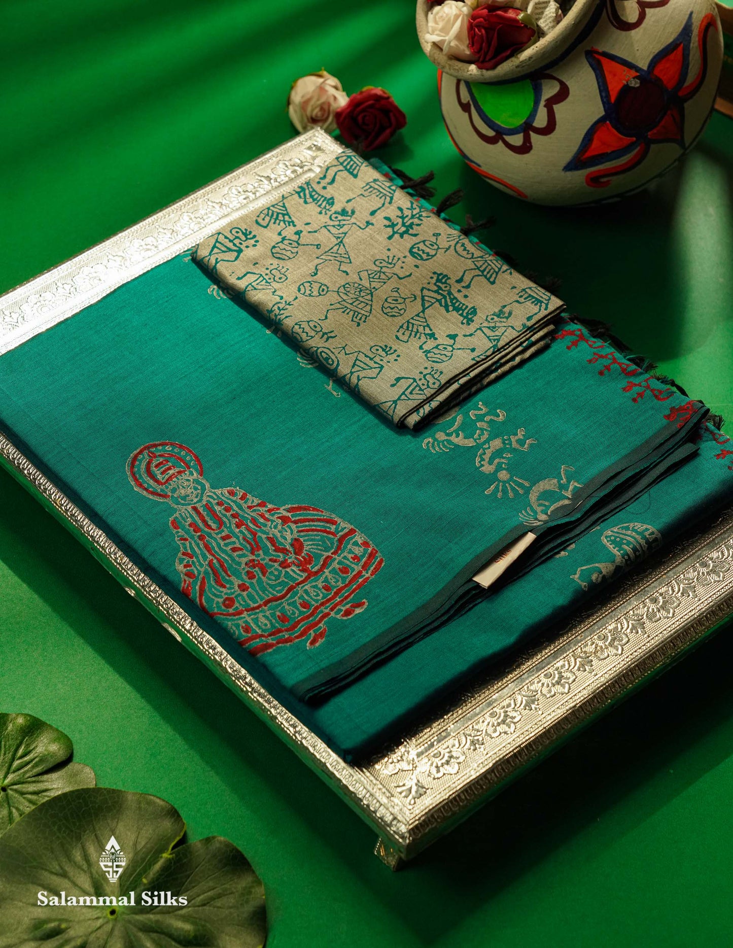 Beautiful Peacock Green Printed South Cotton Saree With Contrast Ash Blouse