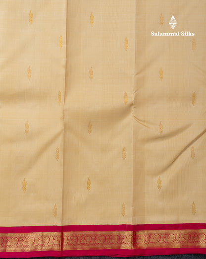 Beautiful Cream Sandal Pure Kanjivaram Silk Saree With Contrast Pink Traditional Small Border