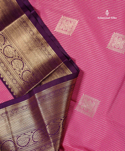 Semi Silk Saree - Light Pink Butta With Lines Along With Contrast Dark Purple Border