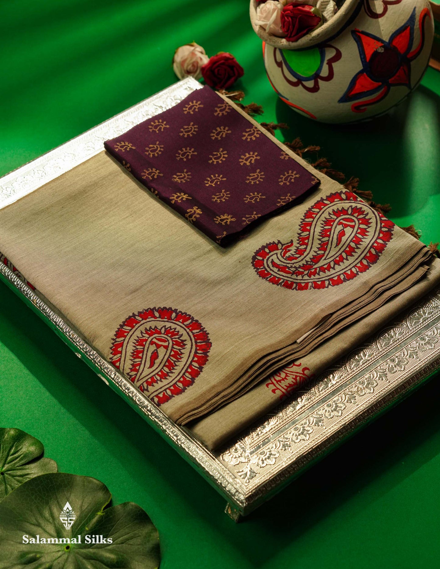 Beautiful Light Grey Printed South Cotton Saree With Contrast Violet Blouse