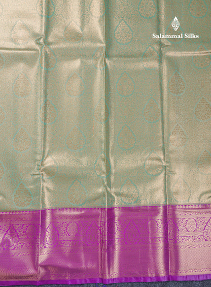 Beautiful Light Parrot Green Tissue Bridal Semi Silk Saree With Contrast Dark Purple Traditional Evening Morning Border