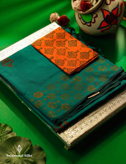 Beautiful Peacock Blue Printed South Cotton Saree With Contrast Fanta Orange Blouse