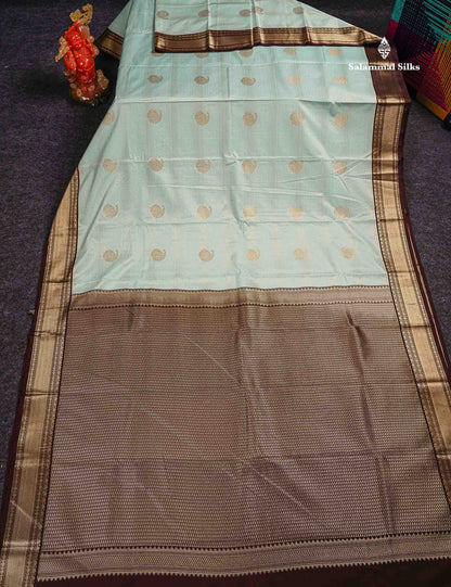Semi Silk Saree -  Light Rexona Mango Butta With Alai Vaira Oosi Lines Along With Contrast Dark Brown Traditional Small Border