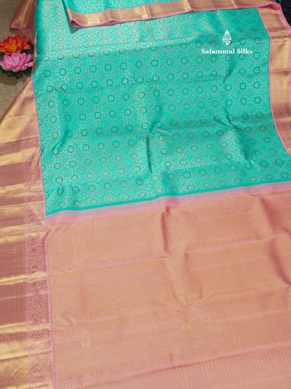 Sky Blue Pure Kanjivaram Silk Saree 3G Zari with Contrast Baby Pink Border