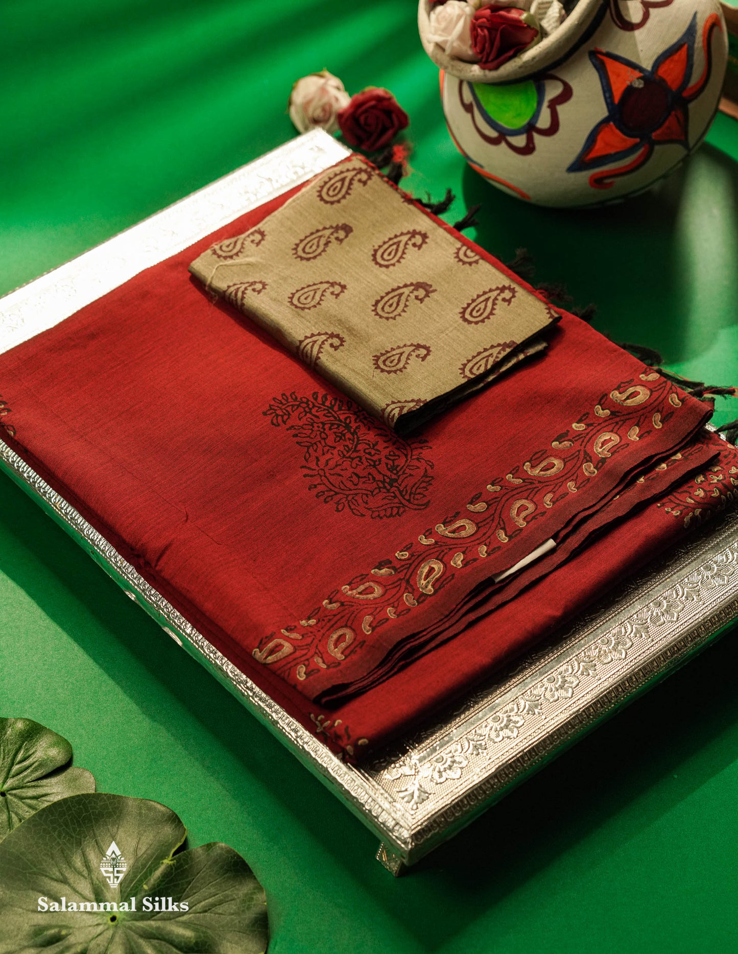 Beautiful Reddish Maroon South Cotton Printed Saree With Contrast Cream Sandal Blouse