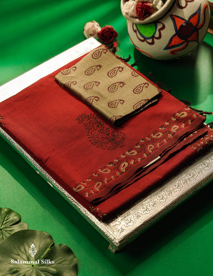 Beautiful Reddish Maroon South Cotton Printed Saree With Contrast Cream Sandal Blouse