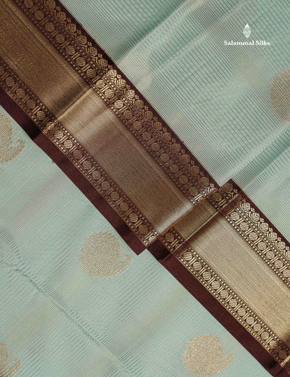 Semi Silk Saree -  Light Rexona Mango Butta With Alai Vaira Oosi Lines Along With Contrast Dark Brown Traditional Small Border
