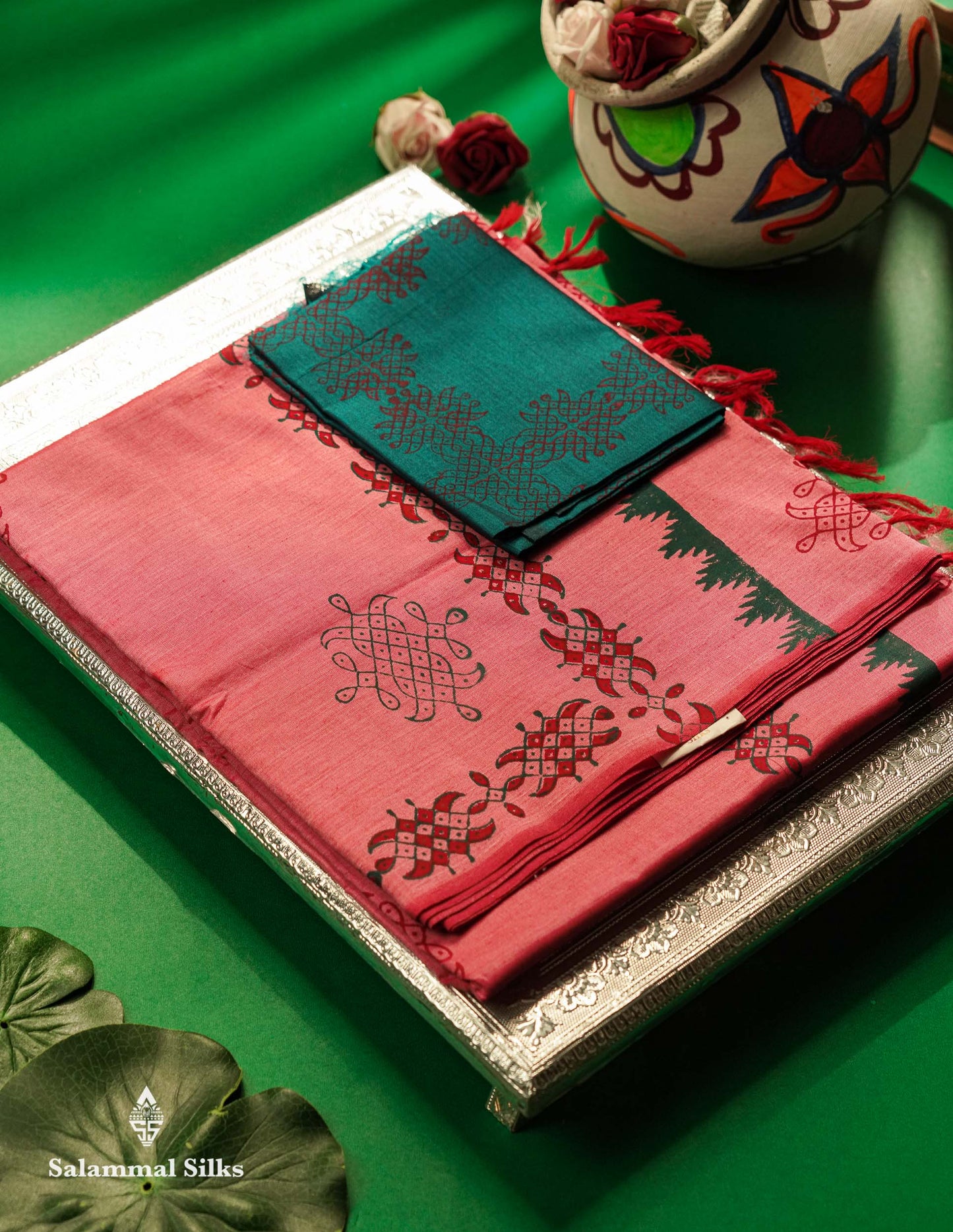 Beautiful Light Pink South Cotton Printed Saree With Contrast Ramar Blue Blouse