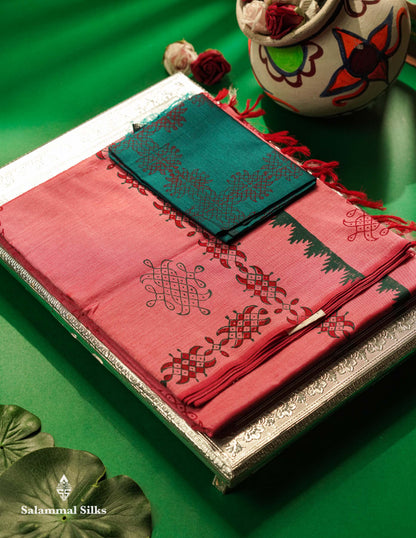 Beautiful Light Pink South Cotton Printed Saree With Contrast Ramar Blue Blouse
