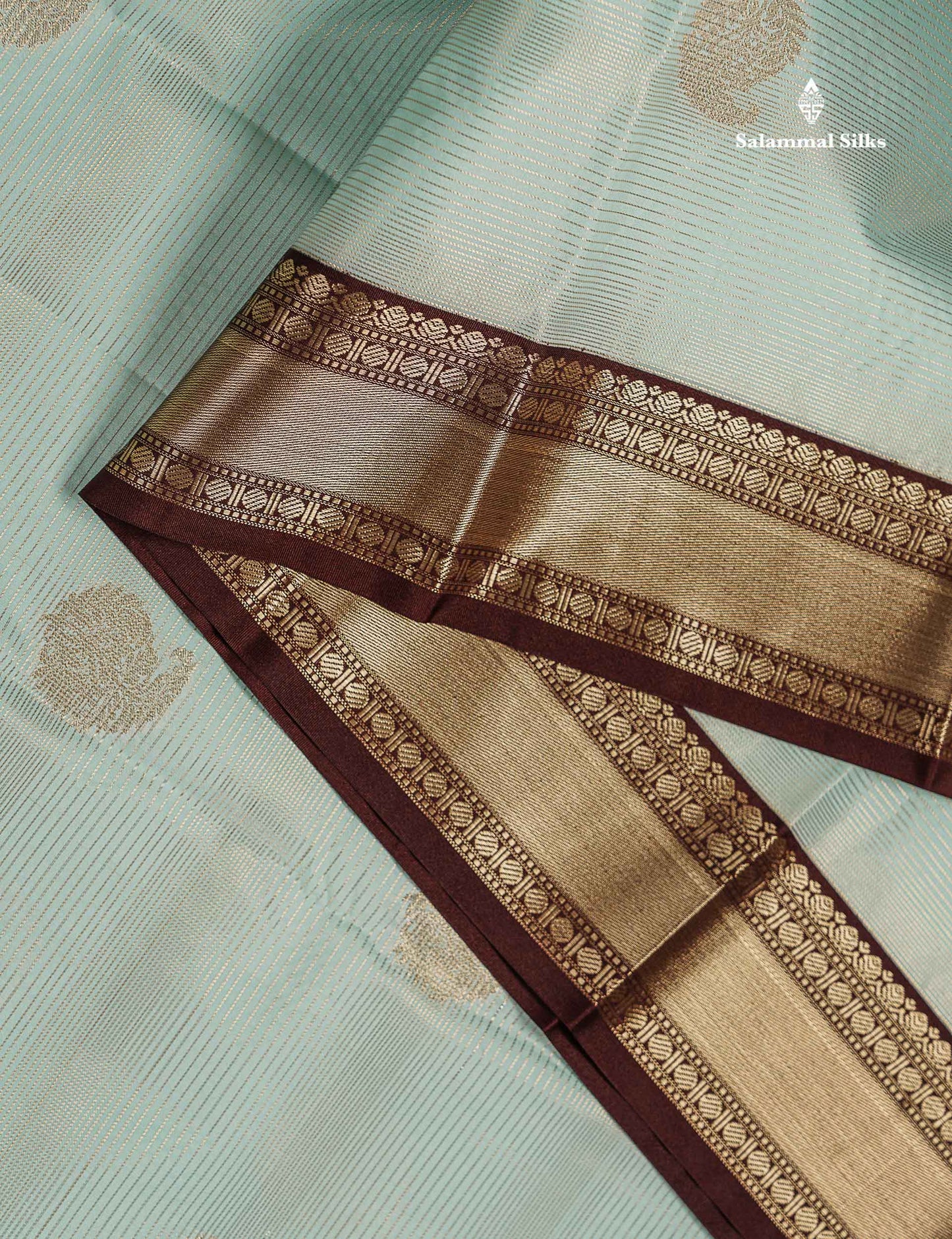 Semi Silk Saree -  Light Rexona Mango Butta With Alai Vaira Oosi Lines Along With Contrast Dark Brown Traditional Small Border