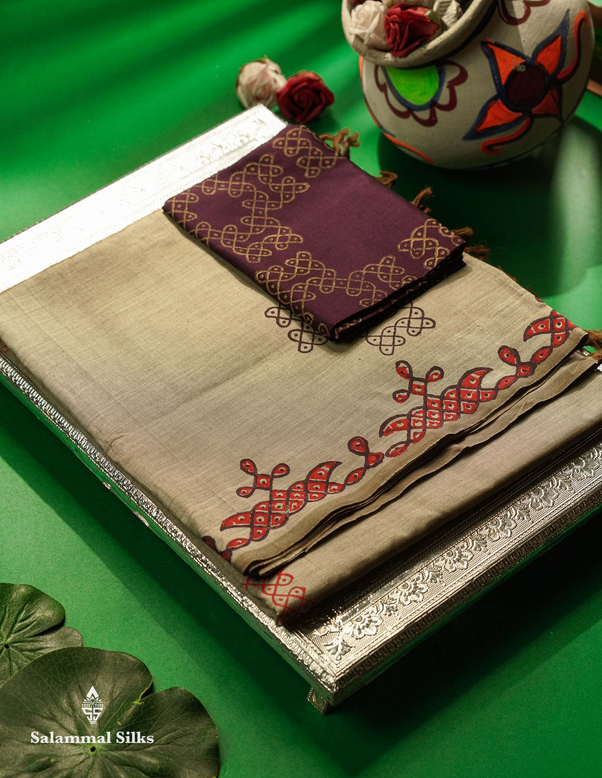 Beautiful Beige Printed South Cotton Saree With Contrast Violet Blouse