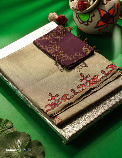 Beautiful Beige Printed South Cotton Saree With Contrast Violet Blouse