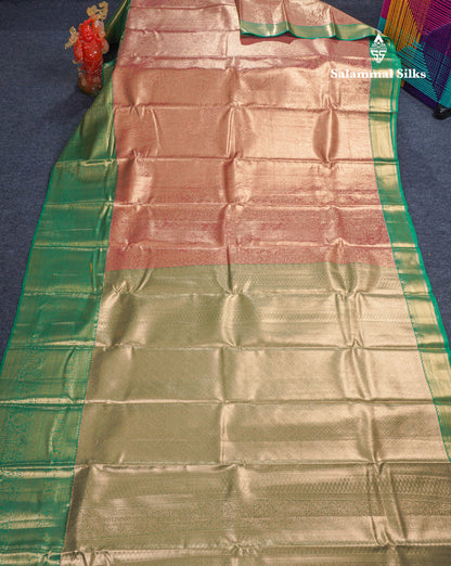 Beautiful Chocolate Tissue Bridal Semi Silk Saree With Contrast Green Traditional Evening Morning Border