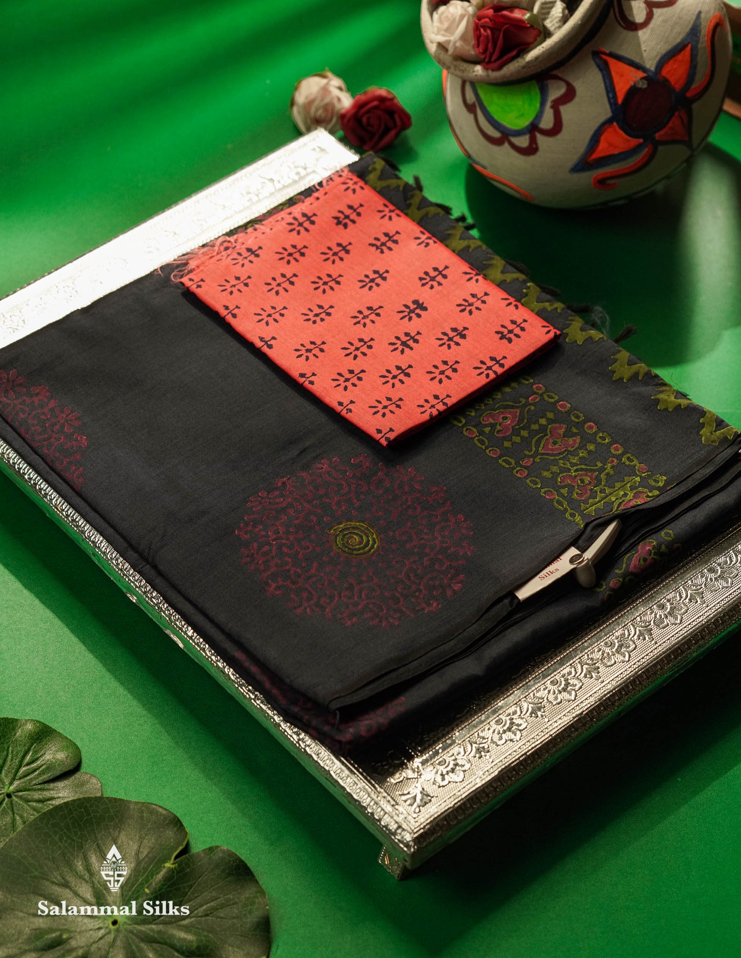 Beautiful Dual Tone Violet South Cotton Printed Saree With Contrast Dark Peach Blouse