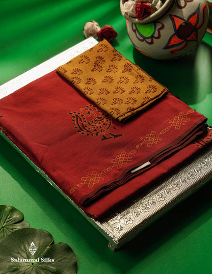 Beautiful Maroon Printed South Cotton Saree With Contrast Mustard Yellow Blouse