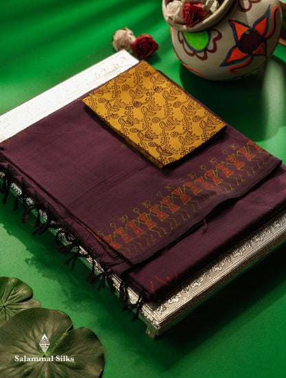 Beautiful Violet Printed South Cotton Saree With Contrast Parrot Green Blouse