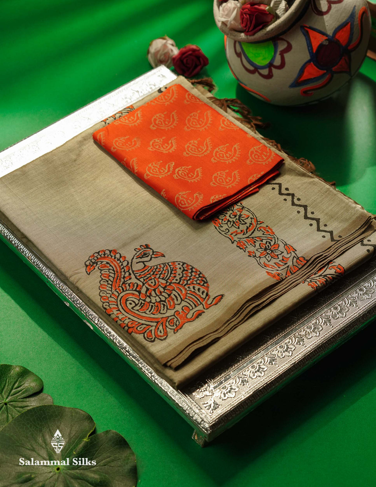 Beautiful Beige Printed South Cotton Saree With Contrast Orange Blouse
