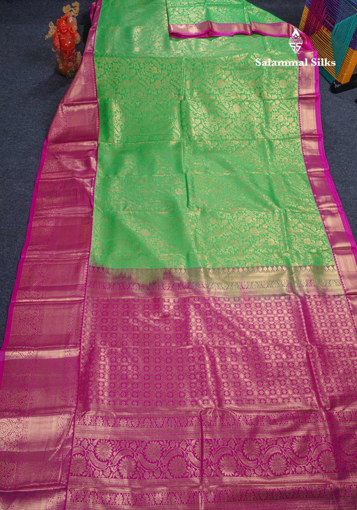 Beautiful Parrot Green Bridal Semi Silk Saree With Contrast Pink Traditional Evening Morning Border