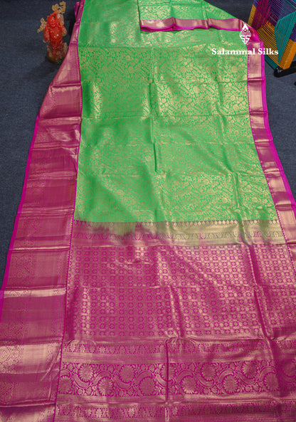 Beautiful Parrot Green Bridal Semi Silk Saree With Contrast Pink Traditional Evening Morning Border