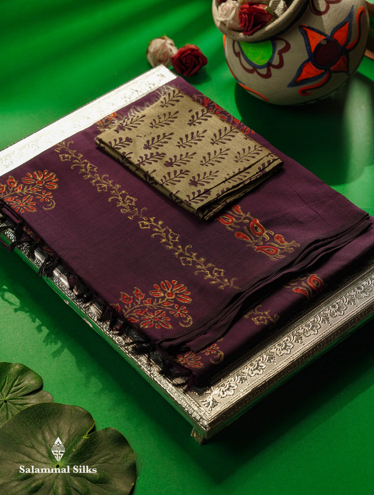 Beautiful Violet Printed South Cotton Saree With Contrast Beige Blouse