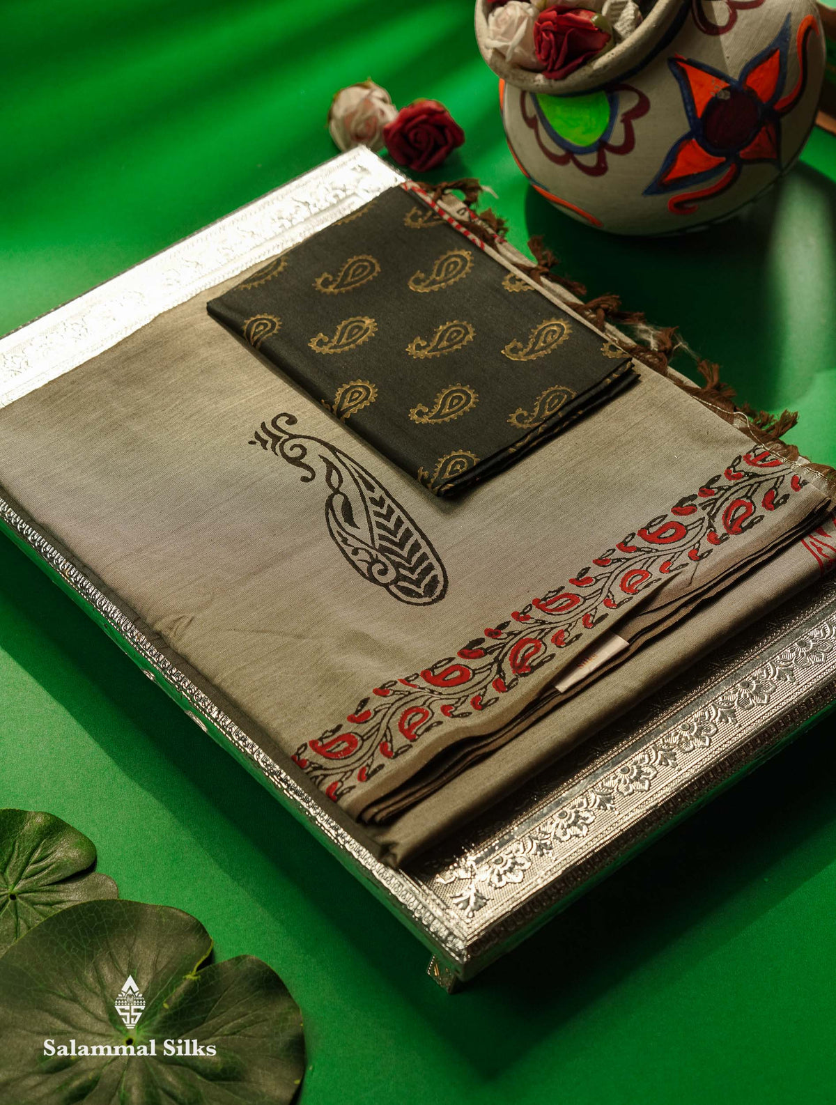 Beautiful Light Gey Printed South Cotton Saree With Contrast Dark Grey Blouse