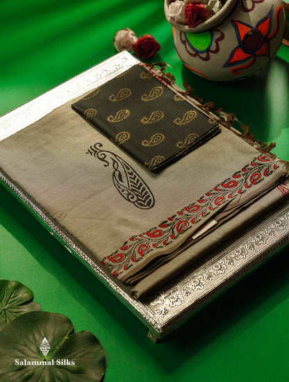 Beautiful Light Gey Printed South Cotton Saree With Contrast Dark Grey Blouse