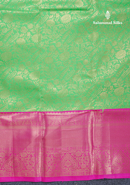 Beautiful Parrot Green Bridal Semi Silk Saree With Contrast Pink Traditional Evening Morning Border
