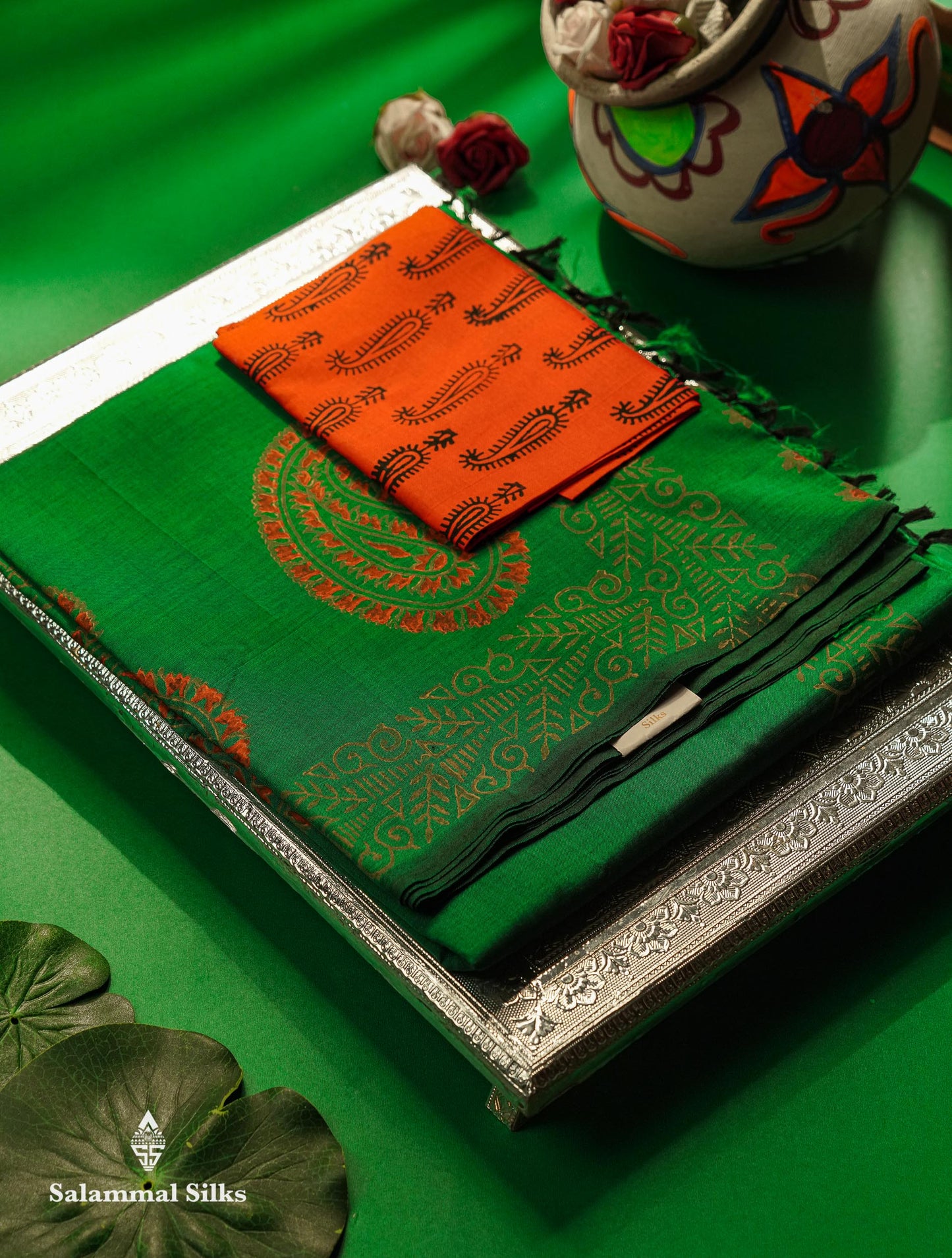 Beautiful Bottle Green Printed South Cotton Saree With Contrast Orange Blouse