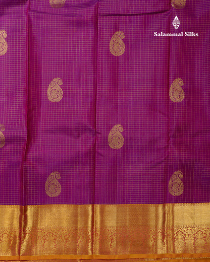 Beautiful Vadamalli Zari Checks With Mango Butta Pure Kanjivaram Silk Saree With Contrast Mustard Yellow Traditional Border