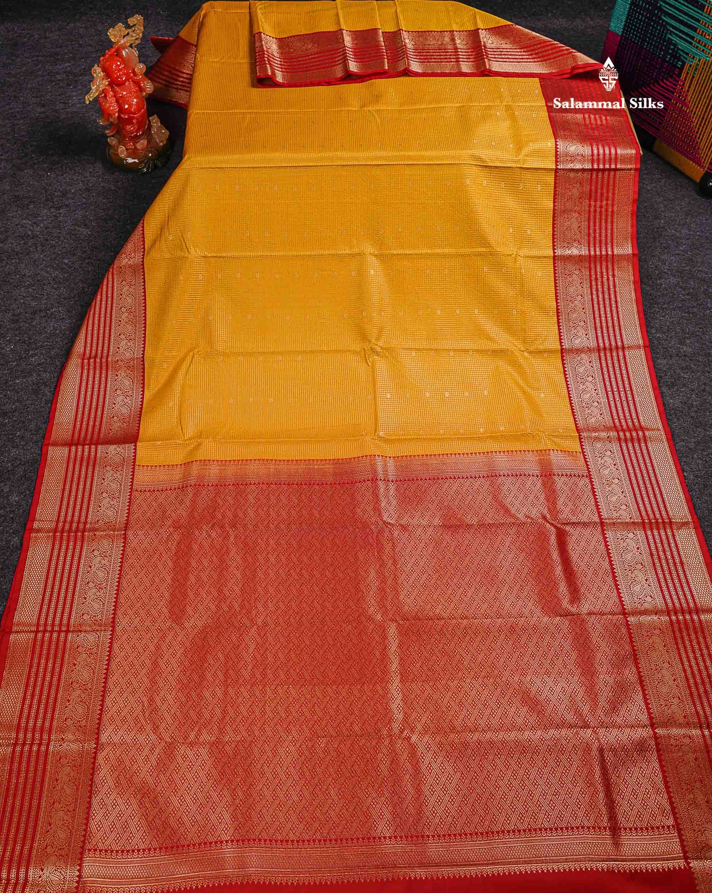 Semi Silk Saree - Mustard Yellow Butta With Small Checks Along With Contrast Red Traditional Border