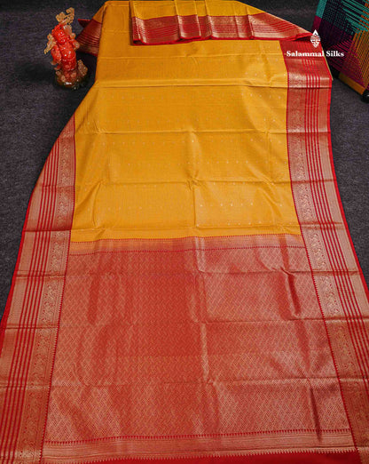 Semi Silk Saree - Mustard Yellow Butta With Small Checks Along With Contrast Red Traditional Border