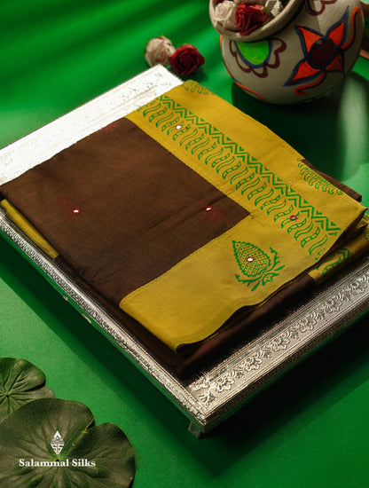 Beautiful Coffe Brown Mirror Work Printed South Cotton Saree With Contrast Parrot Green Blouse