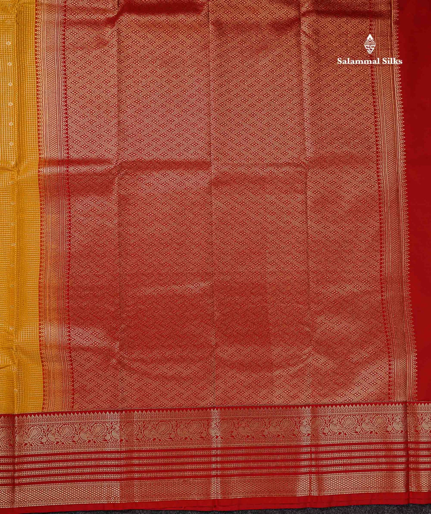 Semi Silk Saree - Mustard Yellow Butta With Small Checks Along With Contrast Red Traditional Border