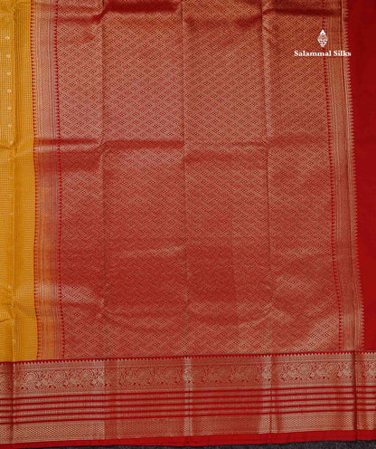 Semi Silk Saree - Mustard Yellow Butta With Small Checks Along With Contrast Red Traditional Border