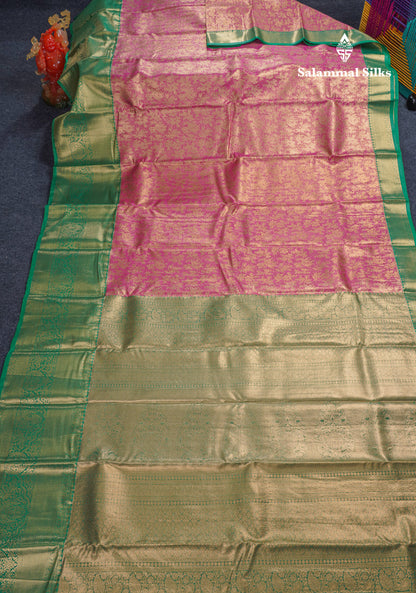 Beautiful Pink Tissue Bridal Semi Silk Saree With Contrast Green Traditional Evening Morning Border