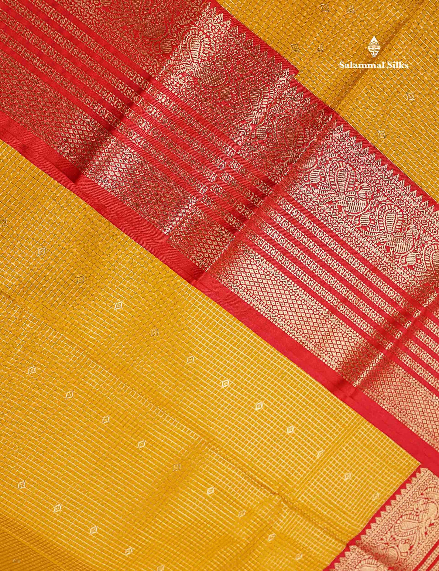 Semi Silk Saree - Mustard Yellow Butta With Small Checks Along With Contrast Red Traditional Border