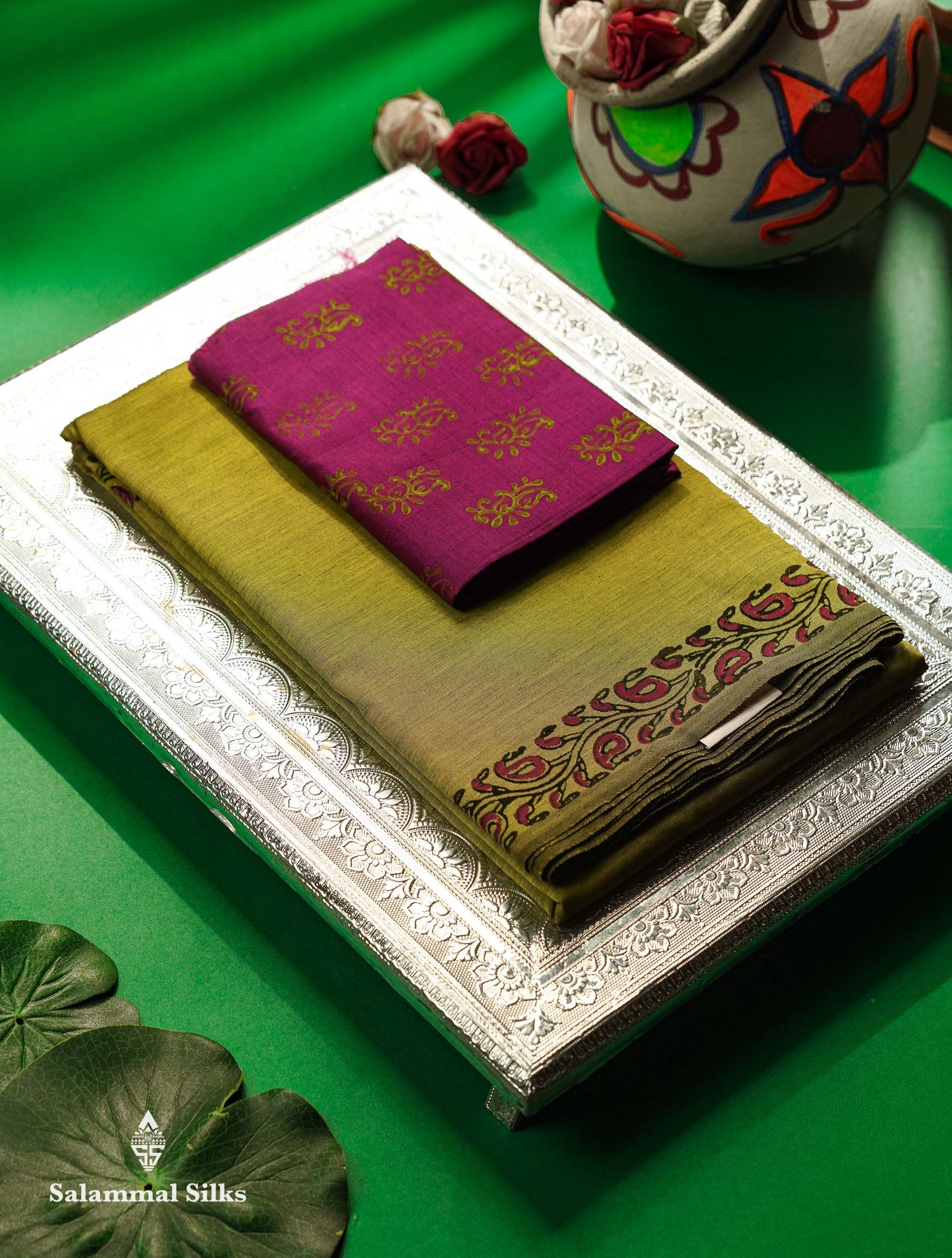 Beautiful Parrot Green Mirror Work Printed South Cotton Saree With Contrast Vadamalli Blouse